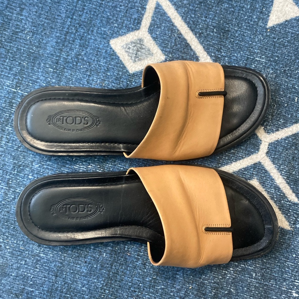 Tod's Tan and Black Women's Slides with Box and Bag